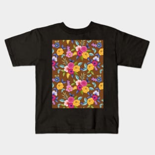 Watercolor Floral Seamless Pattern Art On Brown Background Kids T-Shirt